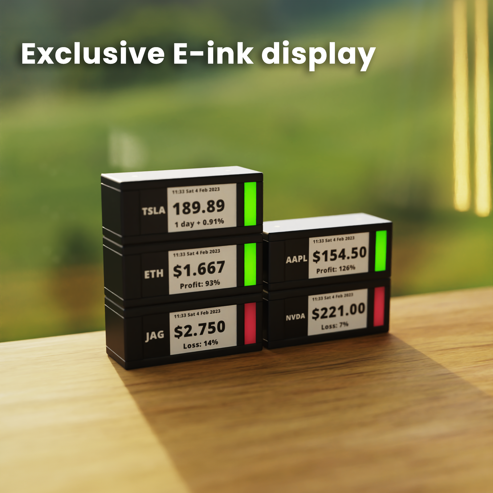 TickrMeter physical e-ink display on a desk