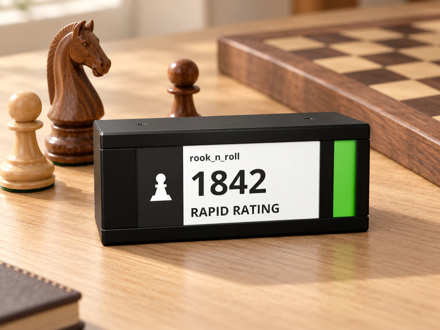 TickrMeter showing a Rapid rating of 1842 beside wooden chess pieces