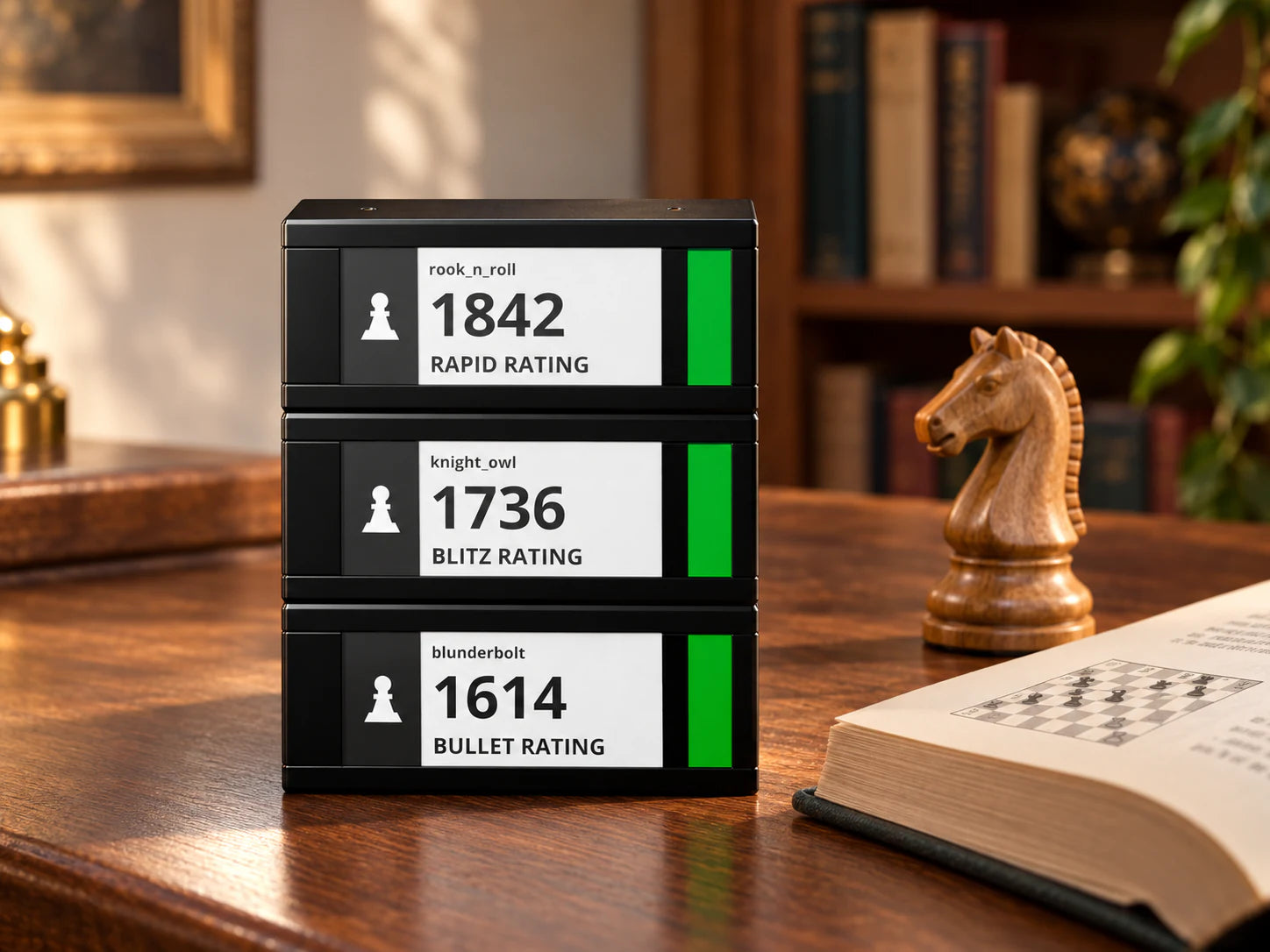 Three stacked TickrMeters showing Rapid 1842, Blitz 1736 and Bullet 1614 beside a chess book